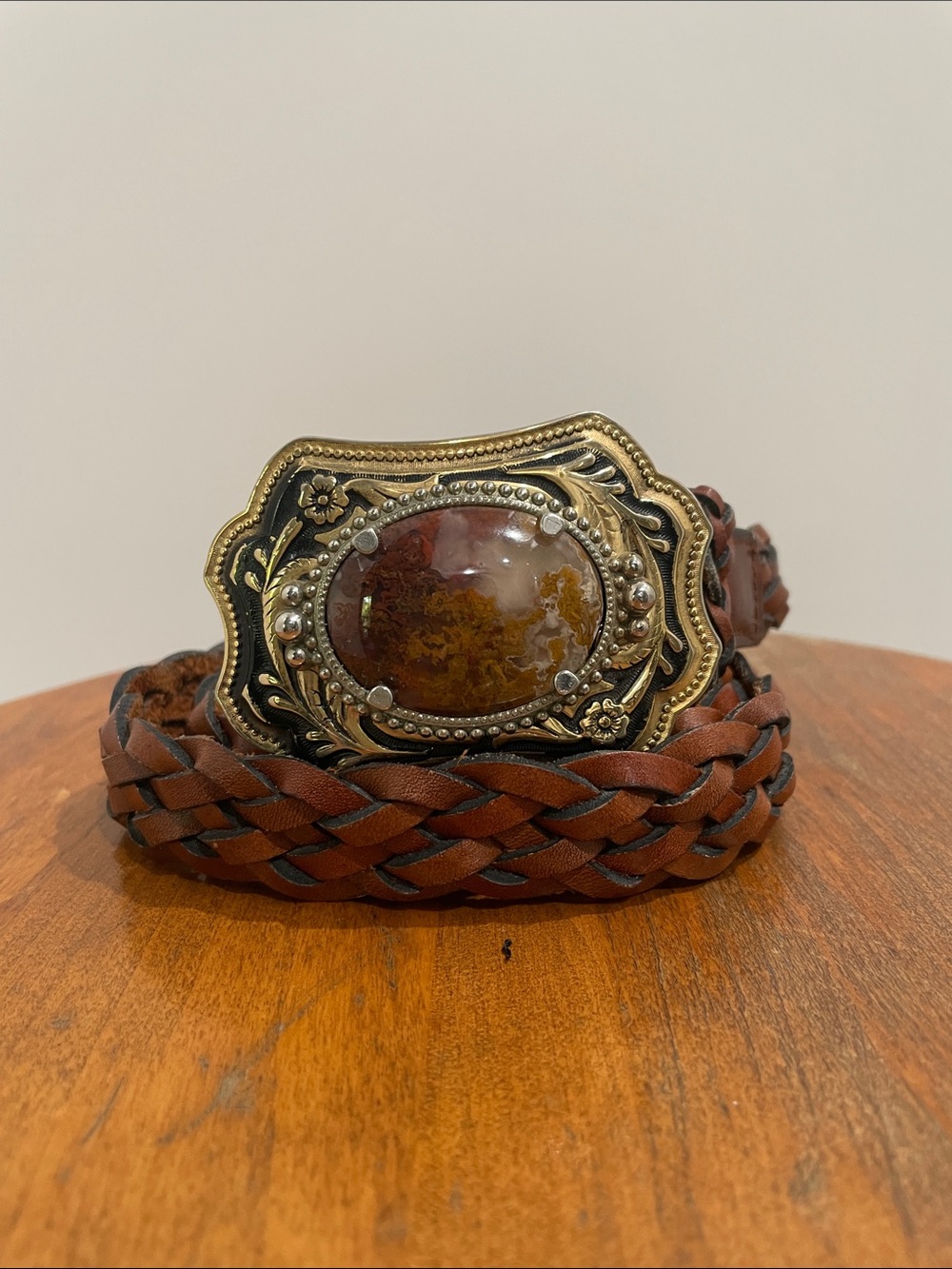 BEAUTIFUL! Vintage Brown Braided Leather Belt with Agate Stone Buckle - Picture 3 of 11